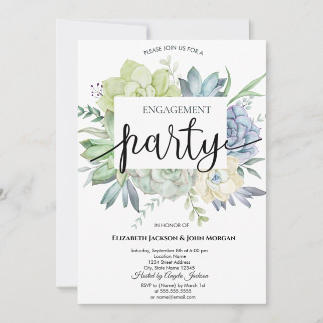 Invitación Cactus Suculentas Puntos Acuarela Compromiso   (Anverso)