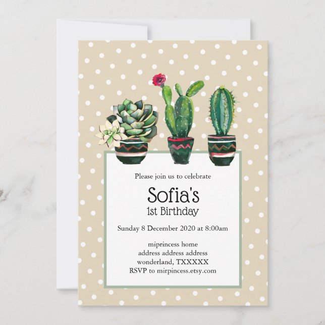 Invitación cactus, suculento, acuarela, fiesta, cumpleaños (Anverso)
