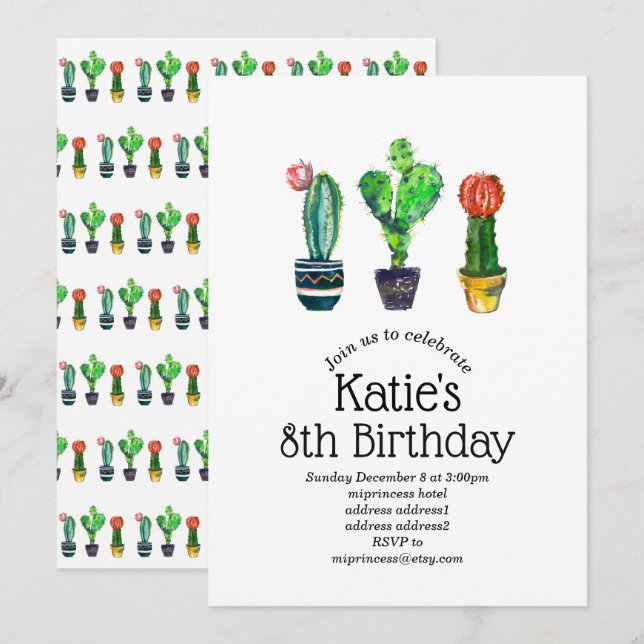 Invitación cactus, suculento, acuarela, fiesta, mexicano, (Anverso / Reverso)