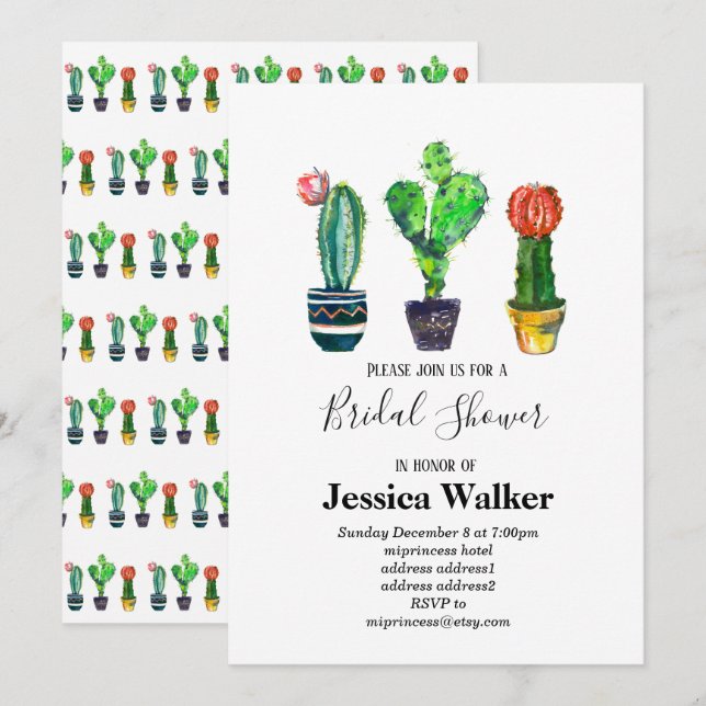 Invitación cactus, suculento, acuarela, fiesta, mexicano, (Anverso / Reverso)