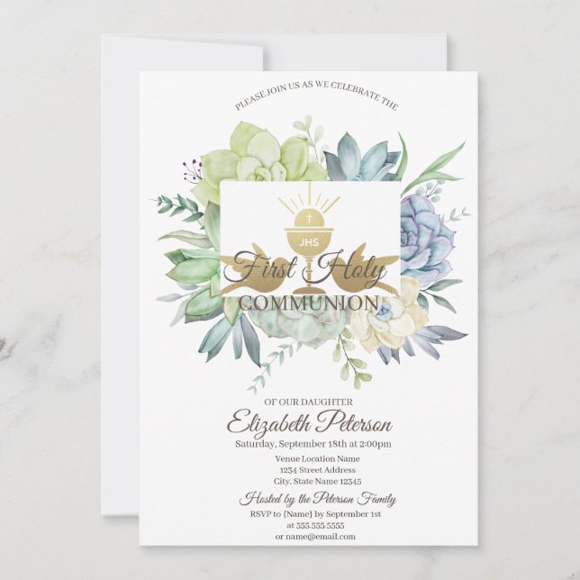 Invitación Cactus Suculento Acuarela Primera Comunión (Anverso)