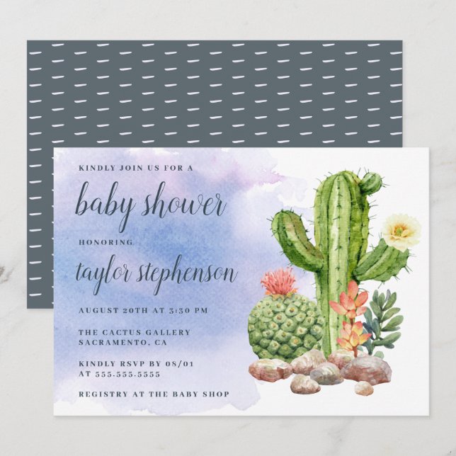 Invitación Cactus suculento Baby Shower de la acuarela de (Anverso / Reverso)