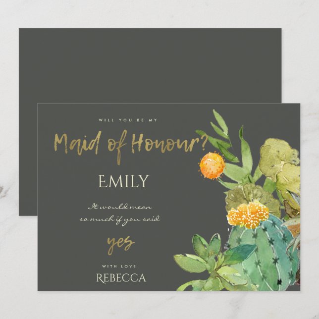 INVITACIÓN CACTUS SUCULENTO FLORAL ACUARELA DAMA DE HONOR (Anverso / Reverso)