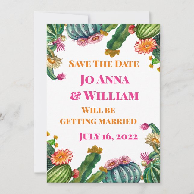 Invitación Cactus Suculento Guardar la Fecha Fiesta de Boda (Anverso)
