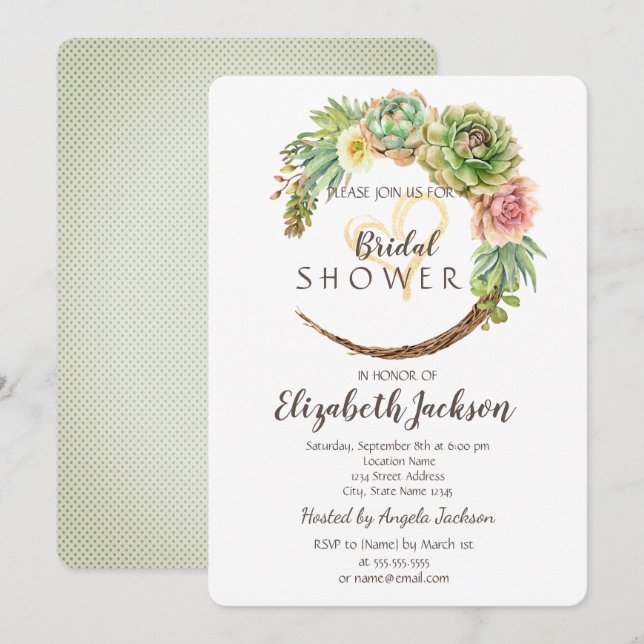 Invitación Cactus Suculento Purpurina Heart Bridal Shower (Anverso / Reverso)