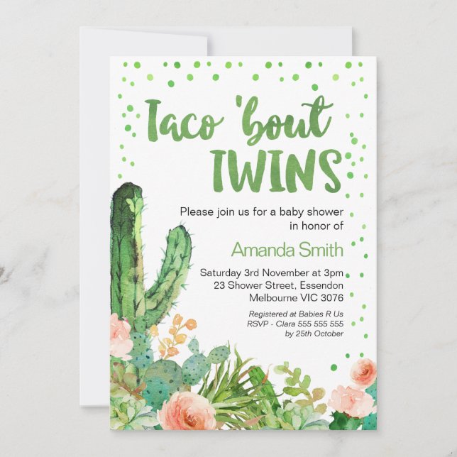 Invitación Cactus Taco 'Bout Twins Fiesta Baby Shower (Anverso)