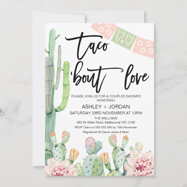Invitación Cactus Taco florido sobre Amor Parejas Ducha (Anverso)