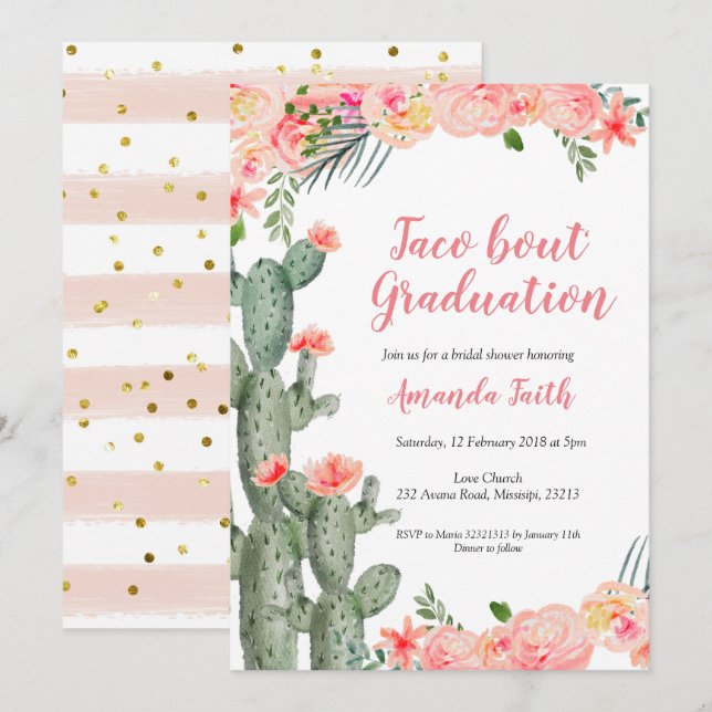Invitación Cactus Taco mexicano sobre graduación (Anverso / Reverso)