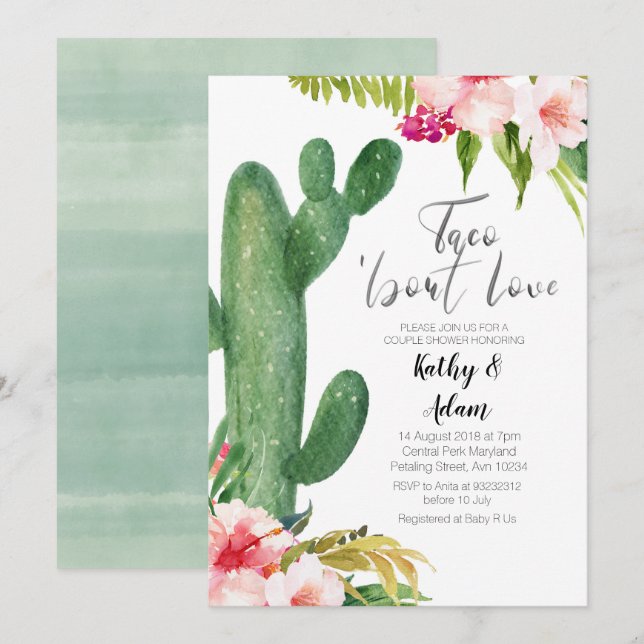 Invitación Cactus Taco tropical sobre la DUCHA de las PAREJAS (Anverso / Reverso)