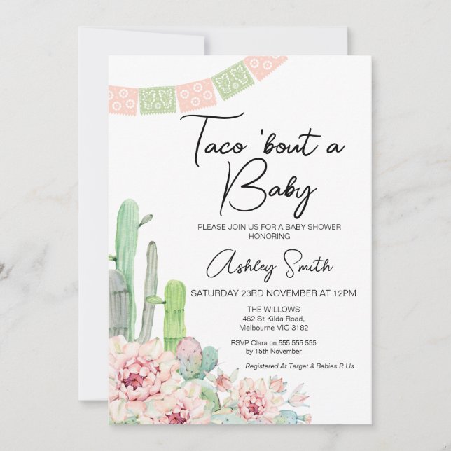 Invitación Cactus Taco verde rosa sobre un bebé Baby Shower (Anverso)