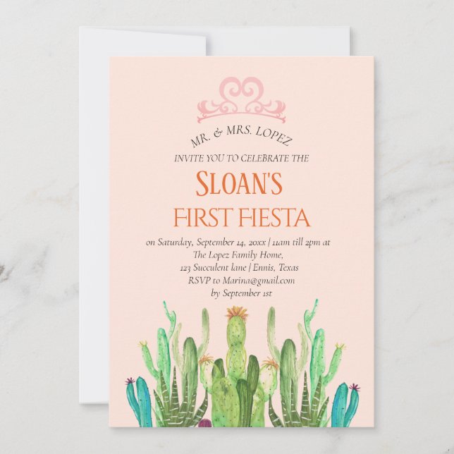 Invitación Cactus Tiara Primera Fiesta Cumpleaños (Anverso)