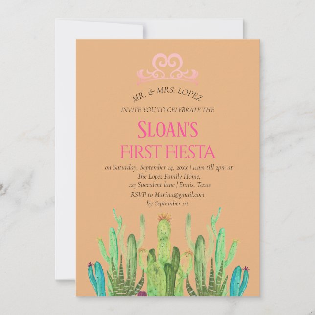 Invitación Cactus Tiara Primera Fiesta Cumpleaños Rosa (Anverso)
