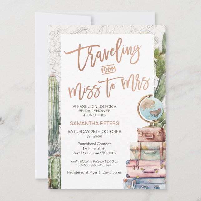 Invitación Cactus Traveling Miss a la señora Bridal Shower (Anverso)