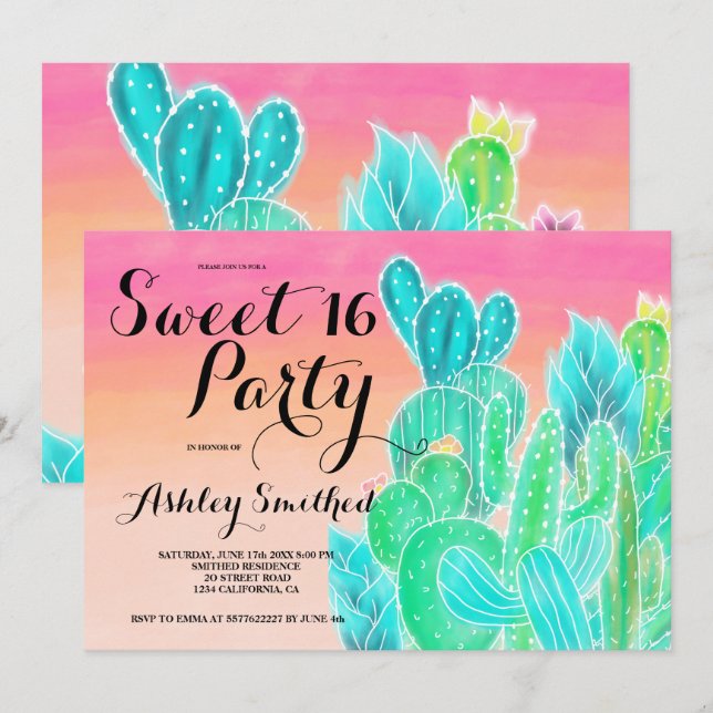 Invitación Cactus tropicales color de agua rosa oscuro Dulce  (Anverso / Reverso)