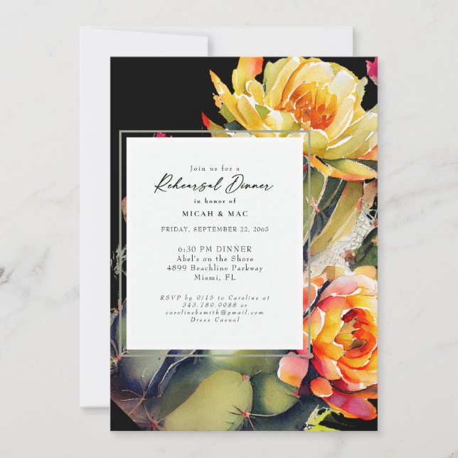 Invitación Cactus tropicales florales Cena de ensayo negro (Anverso)