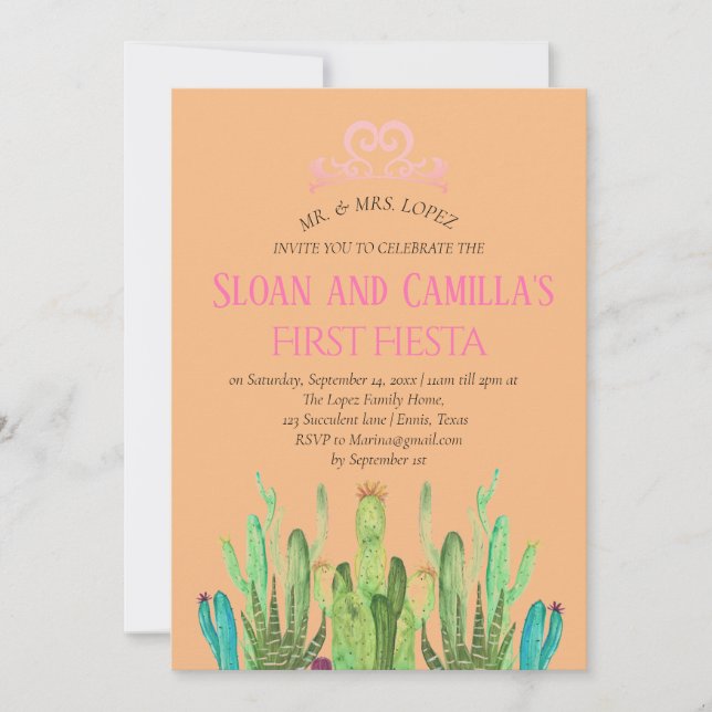 Invitación Cactus Twins Modern First Fiesta Cumpleaños (Anverso)