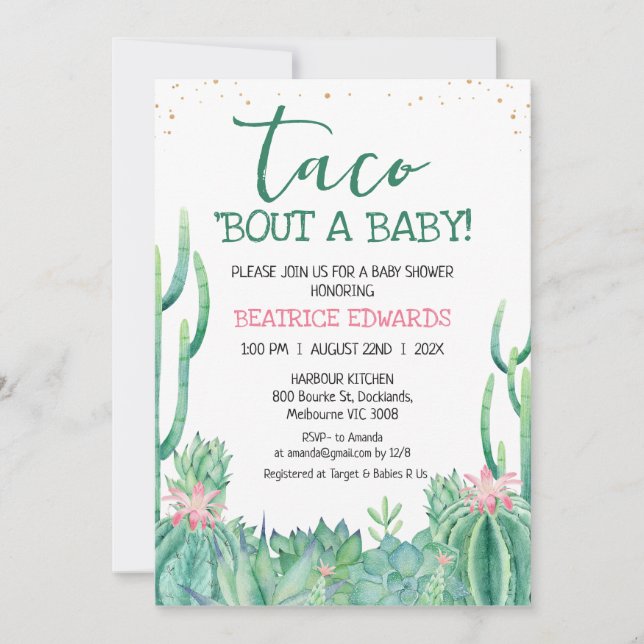 Invitación Cactus verde rosa Taco 'Bout A Baby Baby Shower (Anverso)