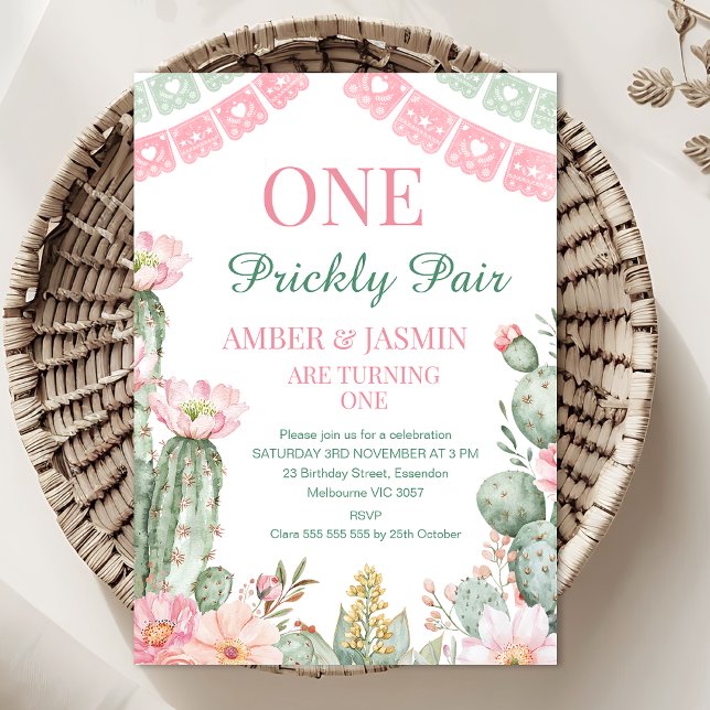 Invitación Cactus verde rosado Un Par de Par Rápido Primer Cu (One Prickly Pair Twin Birthday Invitation, Prickly Pair Twins First Birthday Invitation, Girls


)