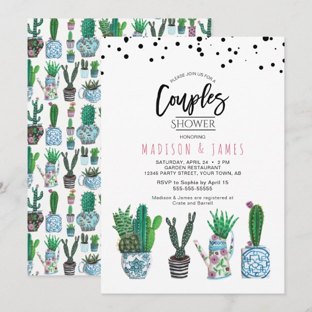 Invitación Cactus y puntos verdes modernos | Ducha de pareja (Anverso / Reverso)