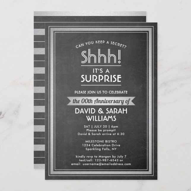 Invitación CADA AÑO Sorpresa Aniversario Chalkboard & Silver (Anverso / Reverso)