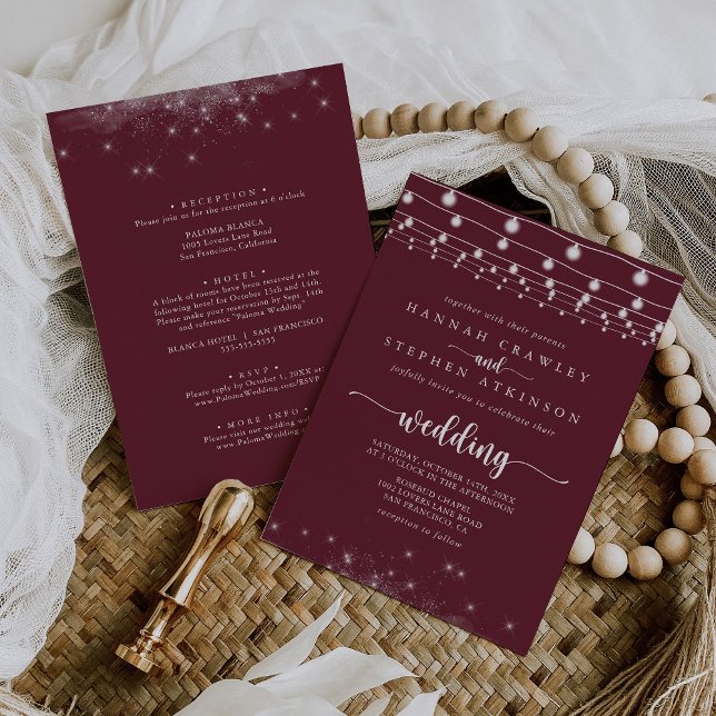 Invitación Cadena Borgoña ilumina estrellas Boda frontal y po (Subido por el creador)
