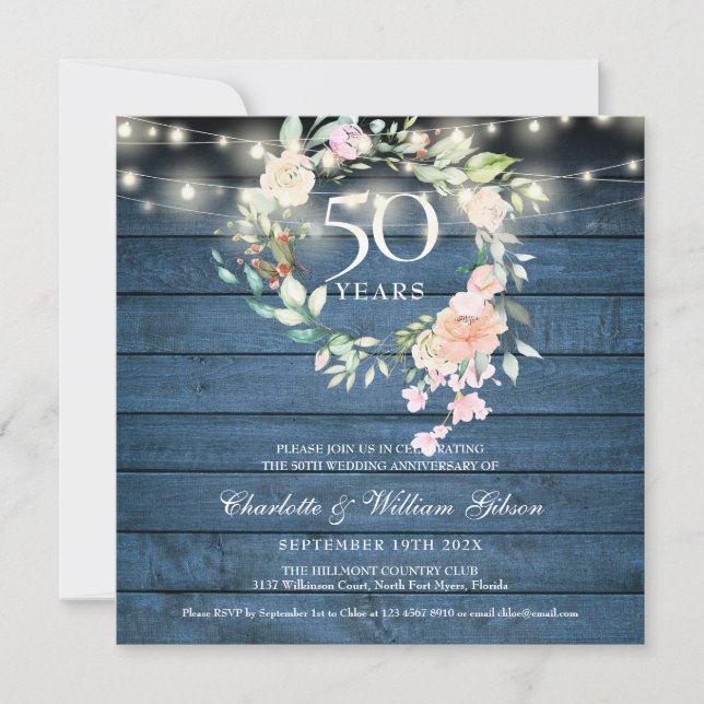 Invitación Cadena de 50 años ilumina floral azul ruso (Anverso)