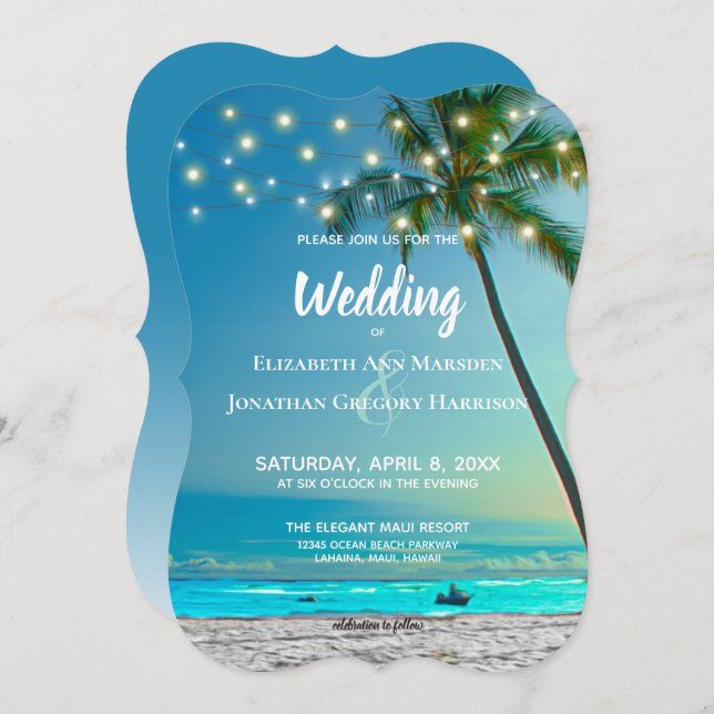 Invitación Cadena de bodas de destino de playa ilumina palmas (Anverso / Reverso)