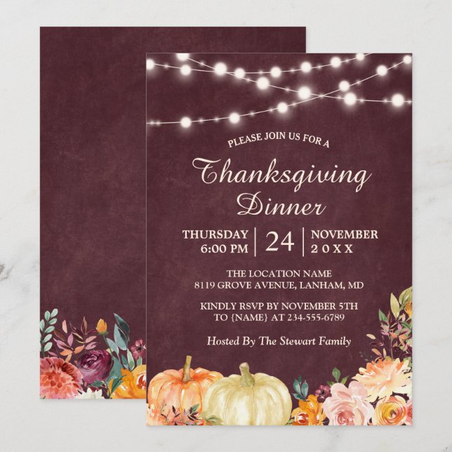 Invitación Cadena de calabaza enciende Floral Cena de Acción  (Anverso / Reverso)