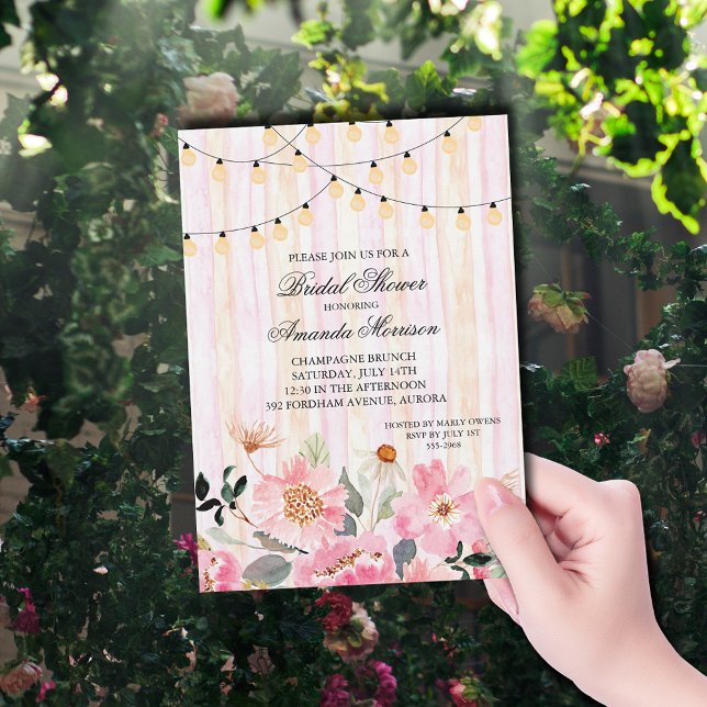 Invitación Cadena de ducha de novia floral iluminada (String of lights and pink garden flowers bridal shower invitations)