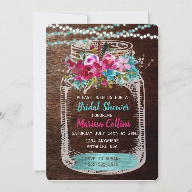 Invitación Cadena de ducha de novia Mason Jar Lights Boho Flo (Anverso)