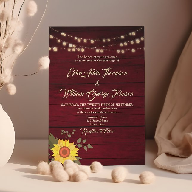 Invitación Cadena de girasol rústica ilumina a Boda de Borgoñ (Subido por el creador)