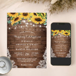 Invitación Cadena de girasol rústica ilumina boda otoño de ve<br><div class="desc">El Rustic Sunflower String Lights Wedding Invitation es perfecto para un boda acogedor de verano o otoño. El encanto rústico del fondo de madera combinado con los brillantes girasoles y las cálidas lámparas de cuerda crean un agradable contraste. La plantilla es totalmente personalizable en la herramienta de diseño de Zazzle,...</div>