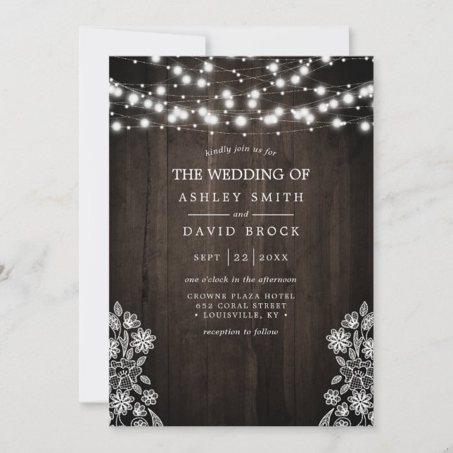 Invitación Cadena De Lace Y Madera Enciende A Un Boda Rústico (Anverso)