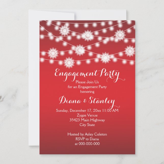 Invitación Cadena de luces copos de nieve compromiso boda roj (Anverso)