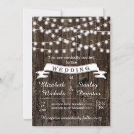 Invitación Cadena de luces en madera y pancarta boda de veran