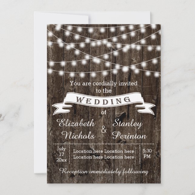 Invitación Cadena de luces, madera y pancarta boda rústico (Anverso)