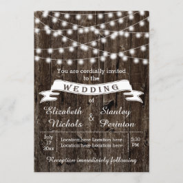Invitación Cadena de luces, madera y pancarta boda rústico