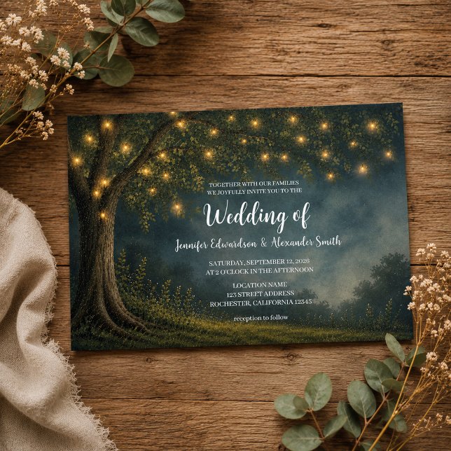 Invitación Cadena de luces rústicas de árbol para boda campes (Rustic tree string of lights night country wedding invitation. For your rustic country wedding.)