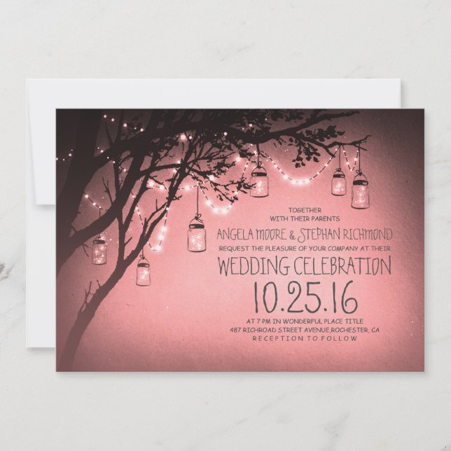 Invitación cadena de luces tiras de albañil boda rosa (Anverso)