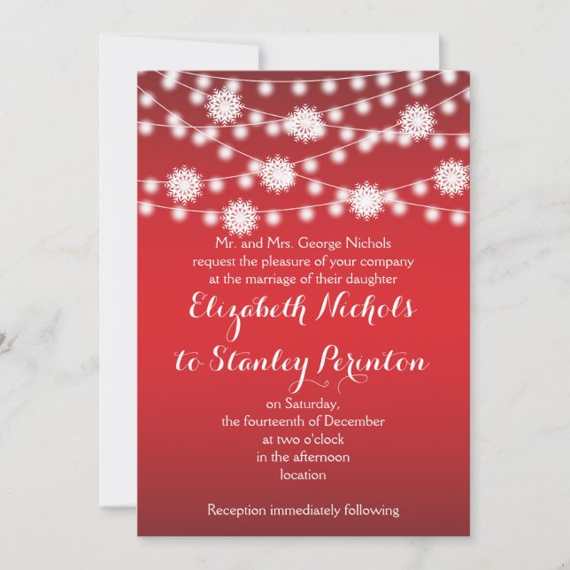 Invitación Cadena de luces y copos de nieve blancos boda rojo (Anverso)