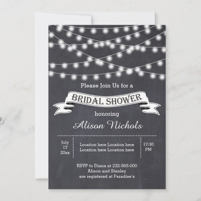 Invitación Cadena de luces y pancarta boda ducha de novia (Anverso)