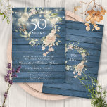 Invitación Cadena de madera azul ilumina el 50 aniversario de<br><div class="desc">Con luces de cuerda de bonito y un delicado jardín de color de agua floral sobre un fondo azul rústico de madera, esta invitación botánica de moda para el 50 aniversario del boda puede ser personalizada con su información especial del aniversario de su boda. El reverso presenta una guirnalda floral...</div>