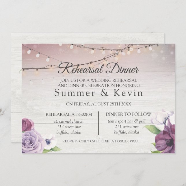 Invitación Cadena De Madera De Luces Ensayo Peony Cena (Anverso / Reverso)