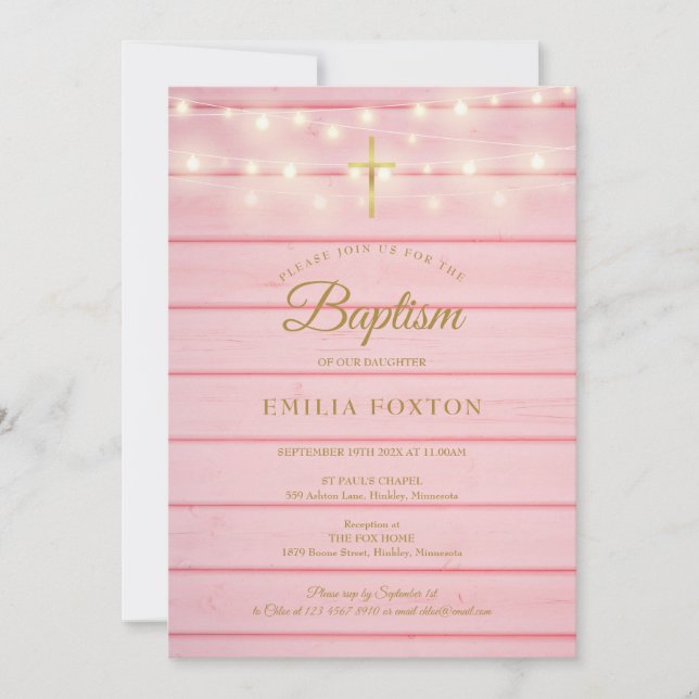 Invitación Cadena De Madera Rosa Ilumina Baptismo Christening (Anverso)