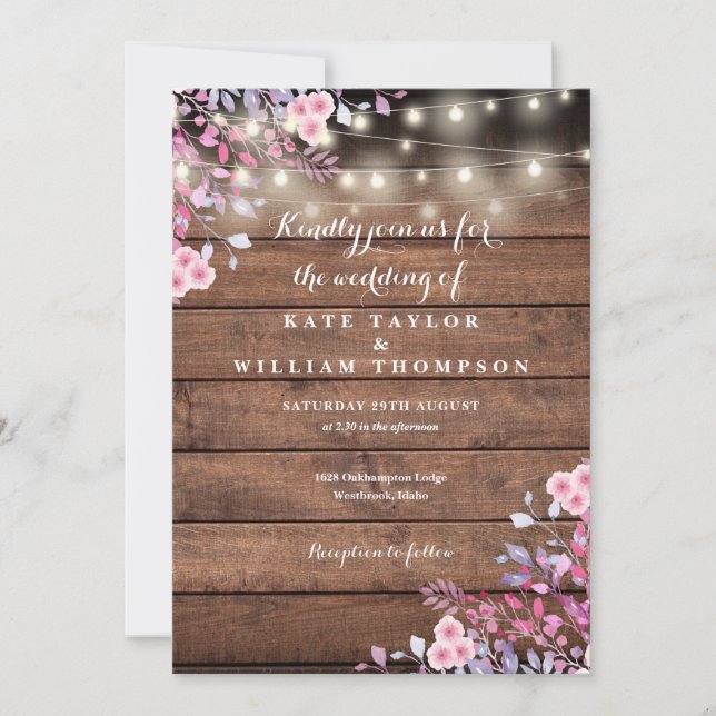 Invitación Cadena De Madera Rústica Ilumina Boda Floral (Anverso)