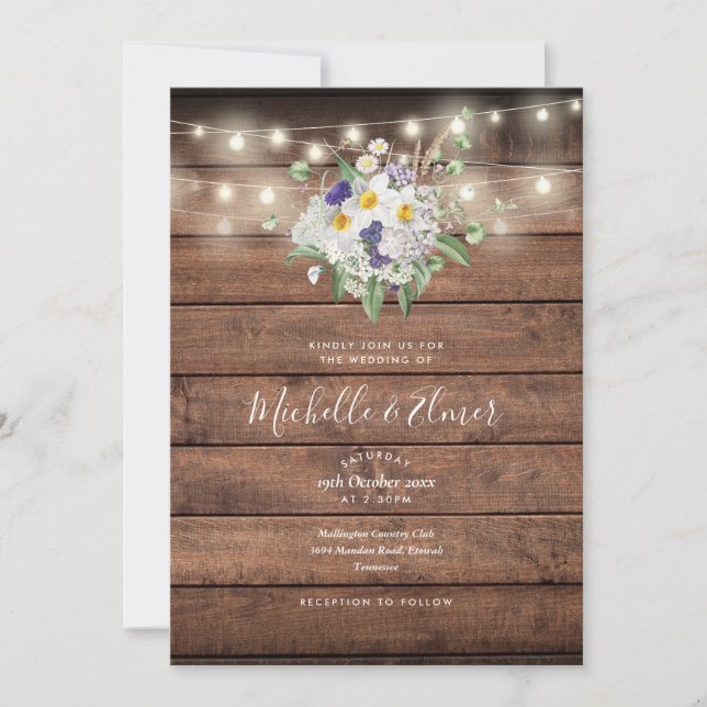Invitación Cadena De Madera Rústica Ilumina Boda Floral (Anverso)