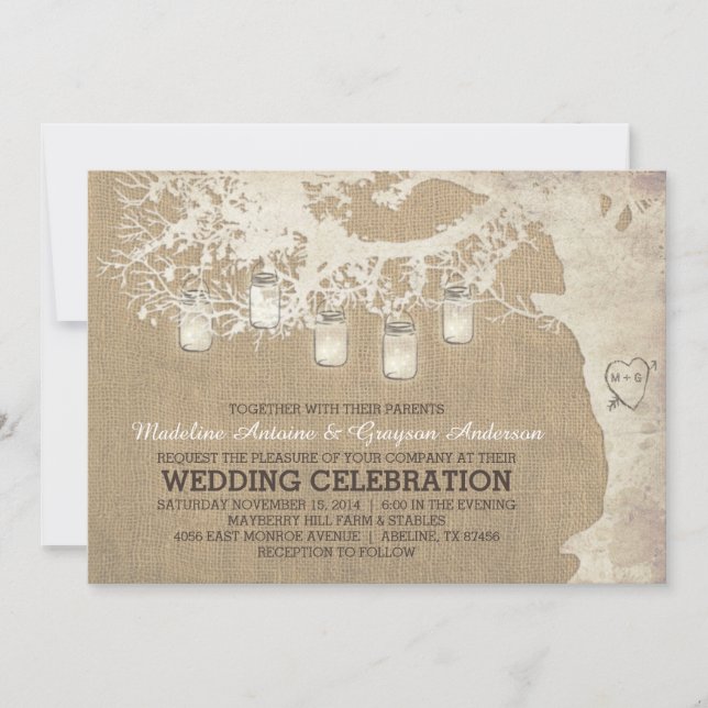 Invitación Cadena de Mason Jar alumbra al Boda rustico Burlap (Anverso)