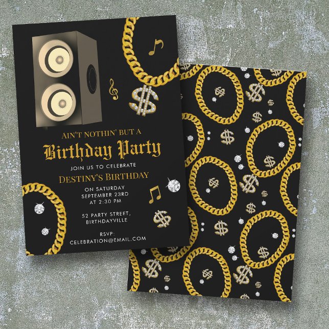 Invitación Cadena de oro de Hip Hop Subwoofer Cumpleaños 80's (Hip Hop Gold Chain Subwoofer 80's 90's Birthday Invitation)