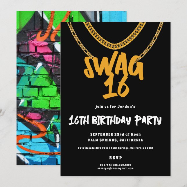 Invitación Cadena de oro | Fiesta de cumpleaños Swag 16 (Anverso / Reverso)