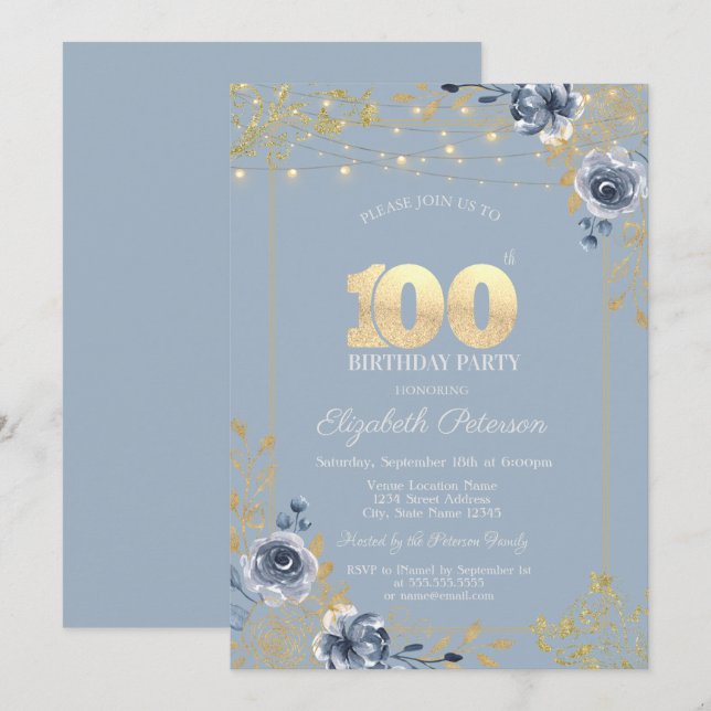 Invitación Cadena de Rosas azules ilumina Dusty Blue 100 cump (Anverso / Reverso)